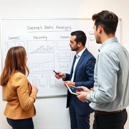 Equipo de consultores colaborando en una pizarra blanca, discutiendo estrategias y analizando datos