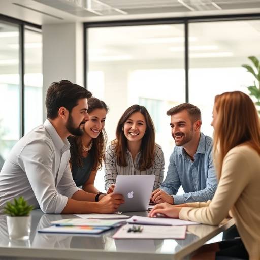 Grupo de empleados trabajando juntos en un proyecto, mostrando colaboraci&radic;&ge;n y liderazgo